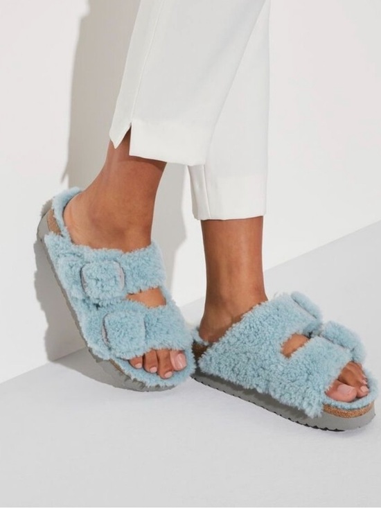 Birkenstock Shoes - Papillio Birkenstock Arizona Big Buckle Blue Shearling Platform Slide Sandal-40